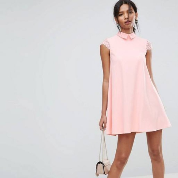 ASOS Dresses & Skirts - ASOS Pink Smock Dress With Pleats And Lace